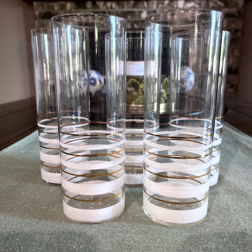 5 Vintage MCM 6.5" Tall Highball Glasses Gold And White Frosted Stripes*